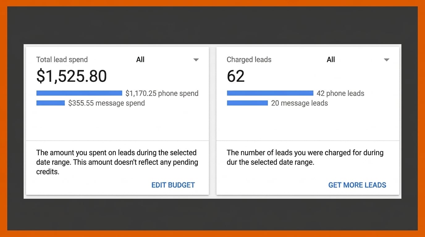 Google Local Services Ads dashboard showing 62 charged leads split between phone and message enquiries