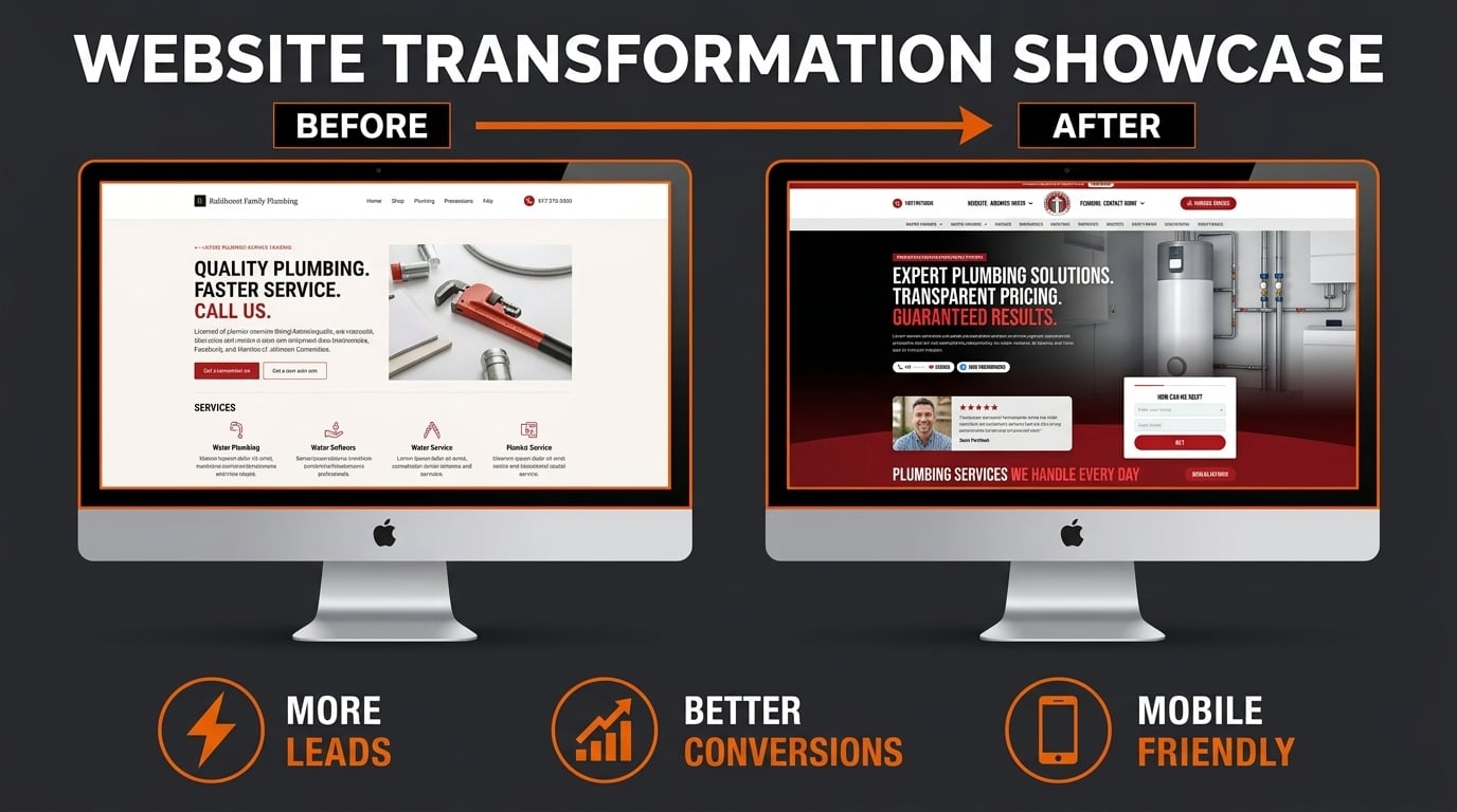 Before and after comparison of a plumbing company website, showing a plain template rebuilt into a conversion-focused site