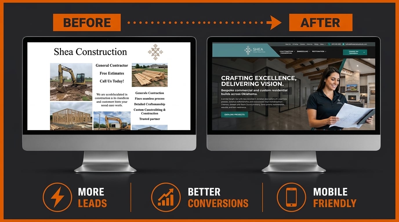 Before and after comparison of a construction company website, showing a text-heavy page rebuilt into a modern site with a clear hero and call to action